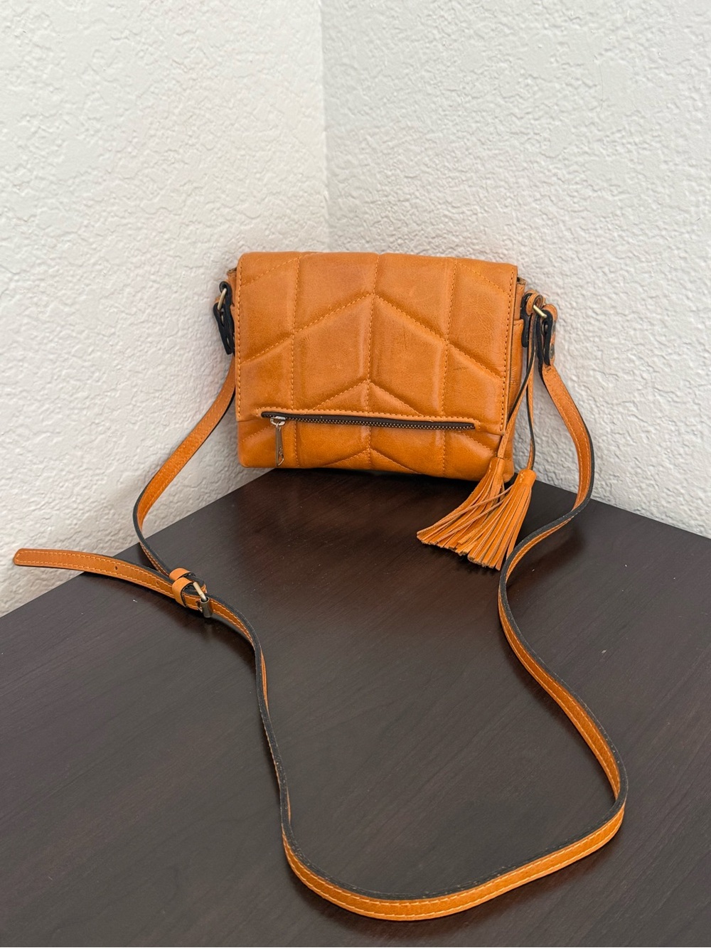 Patricia Nash Italian Leather Quilted Cognac Tan Crossbody Bag Tassel Flap